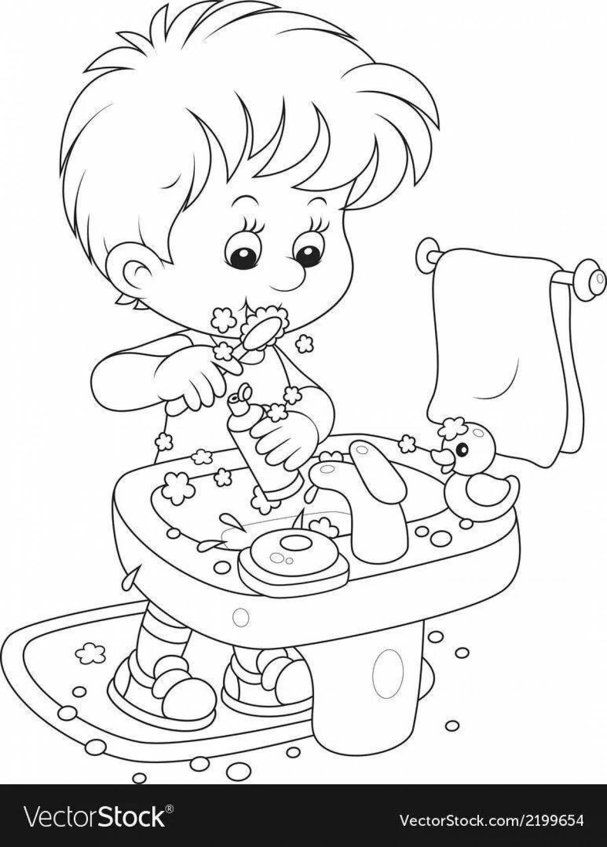 Раскраска Мальчик чистит зубы перед зеркалом