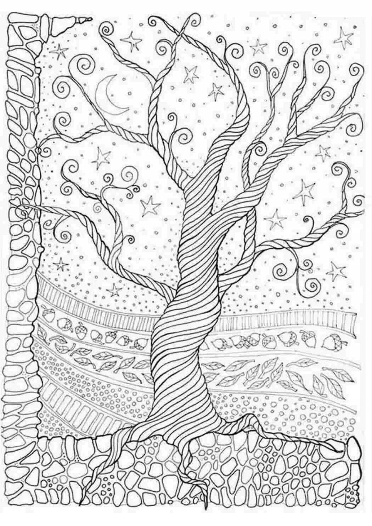 Раскраска мирное дерево антистресс