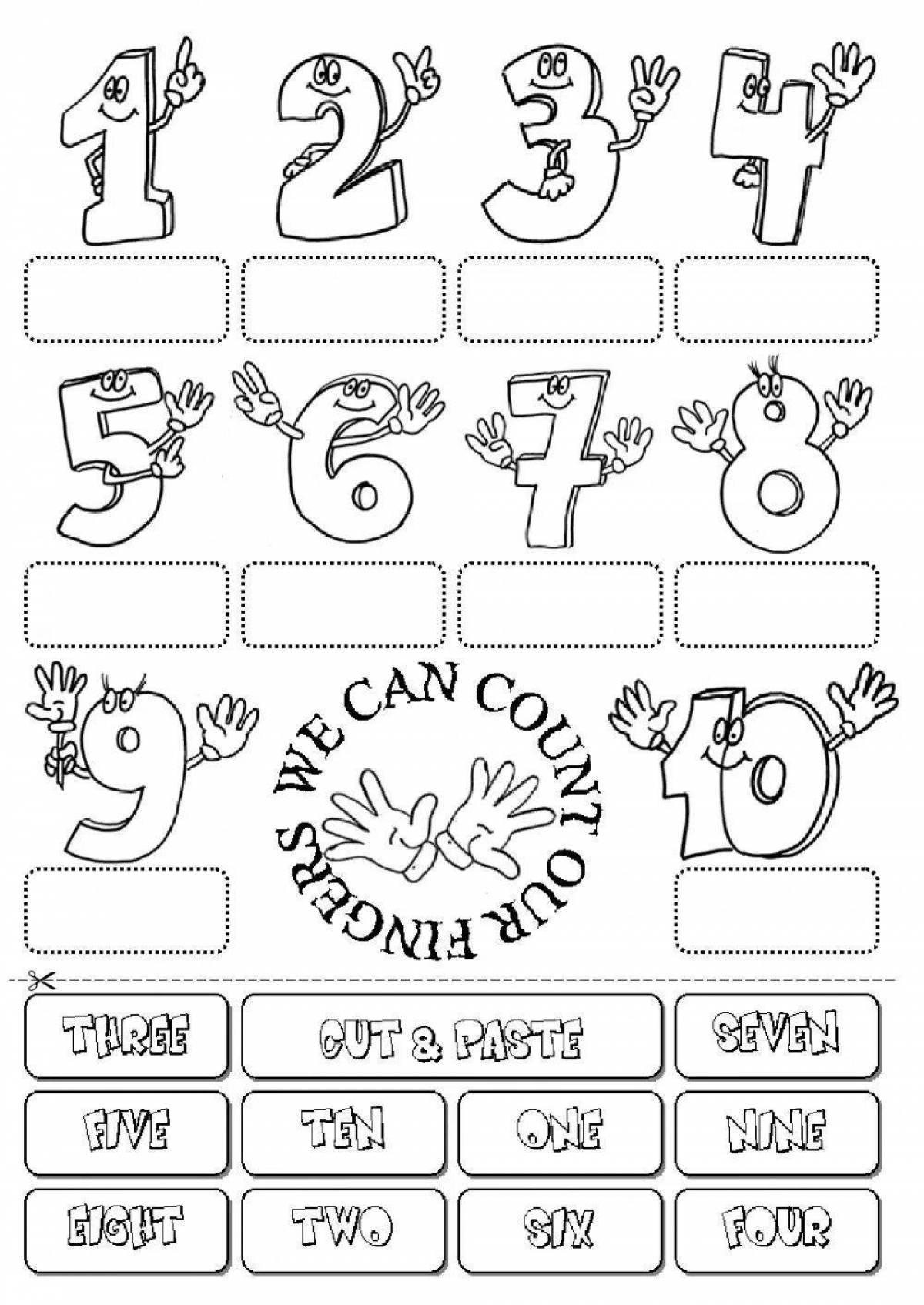 Playful coloring pages with numbers in english