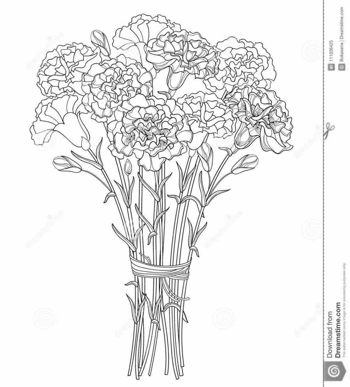 Coloring book cheerful colored bouquet of carnations