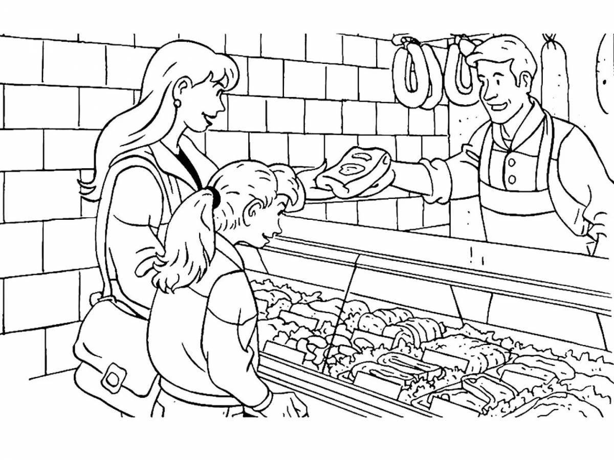 Coloring book cheerful grocery store