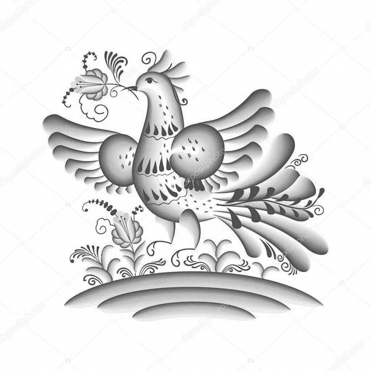 Colorful gzhel bird coloring page