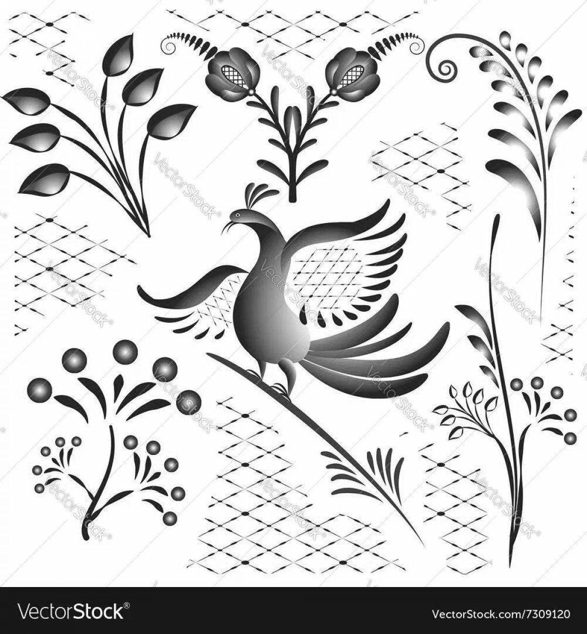 Coloring book playful Gzhel bird