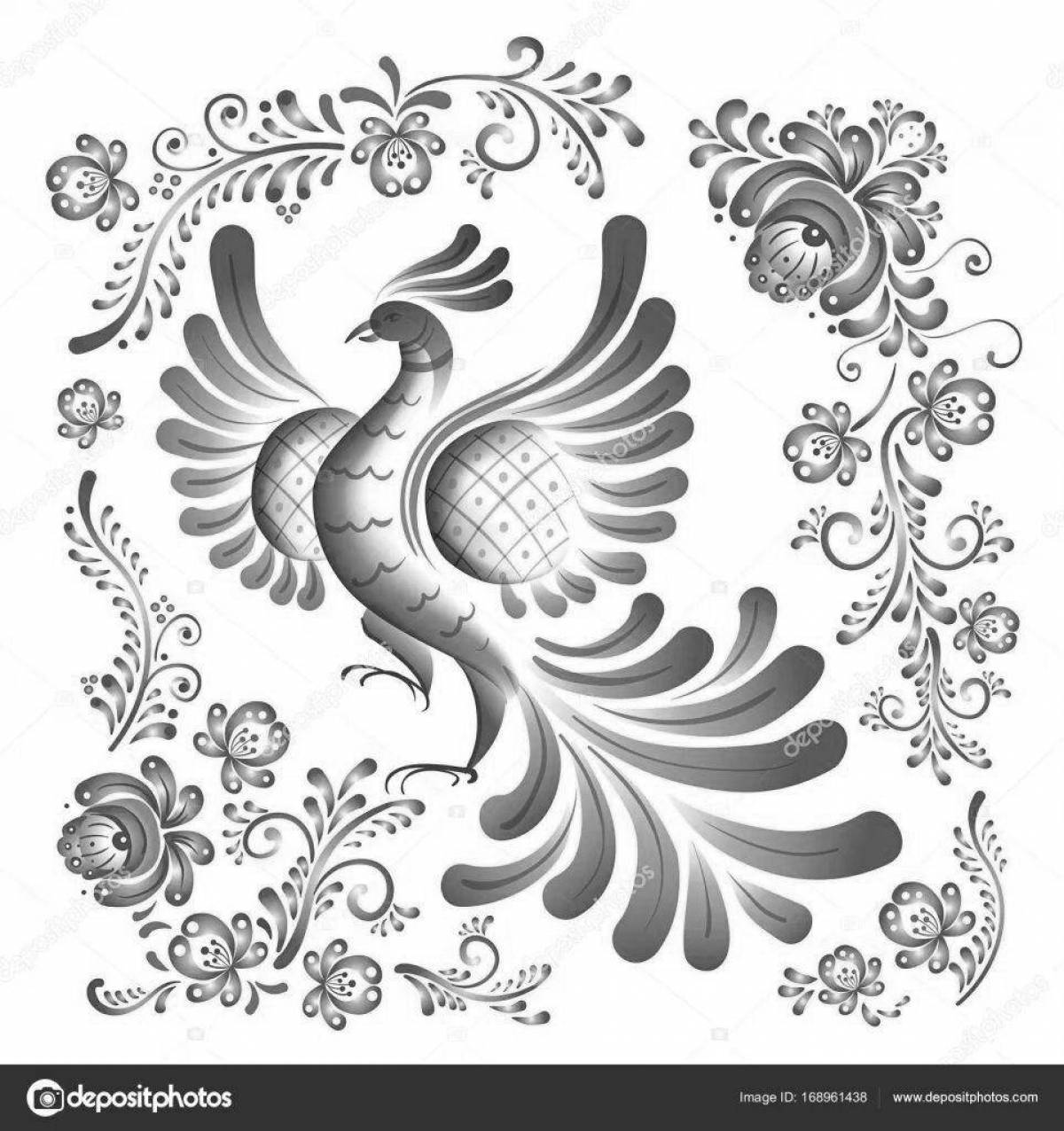 Adorable gzhel bird coloring page