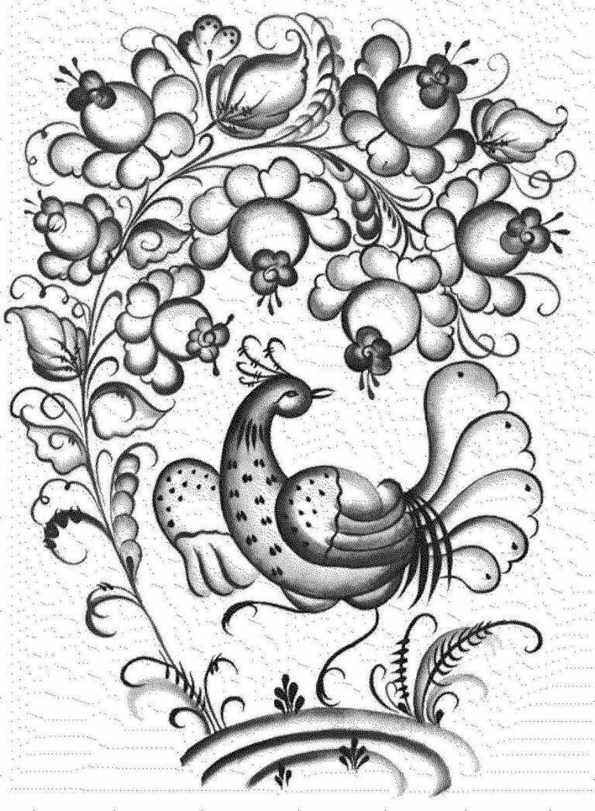 Gzhel beckoning bird coloring page