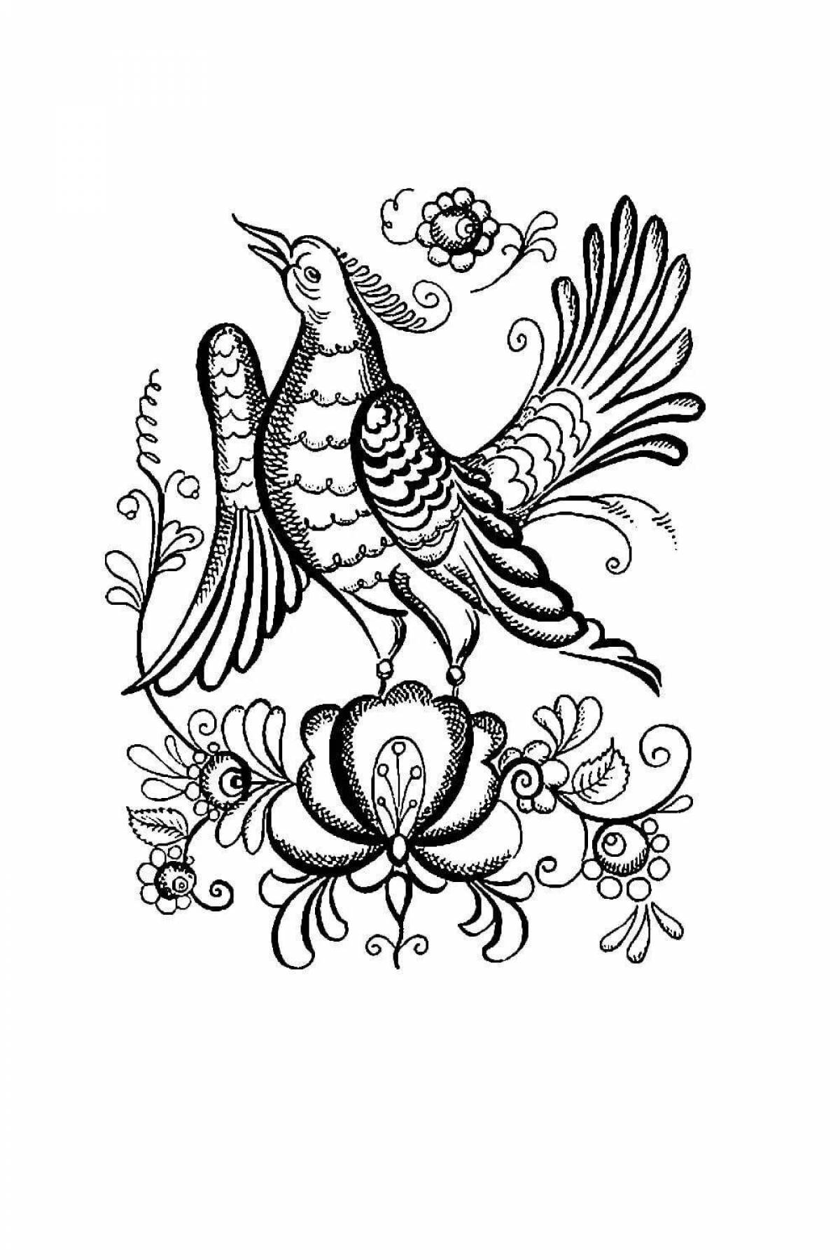 Coloring page energetic Gzhel bird