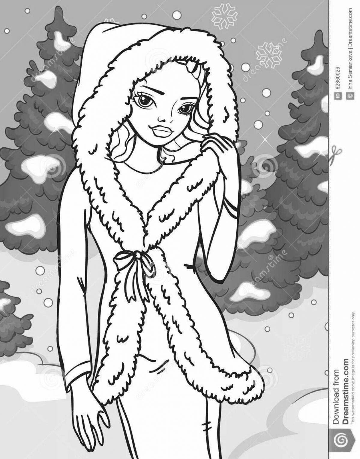 Coloring serene girl in a fur coat