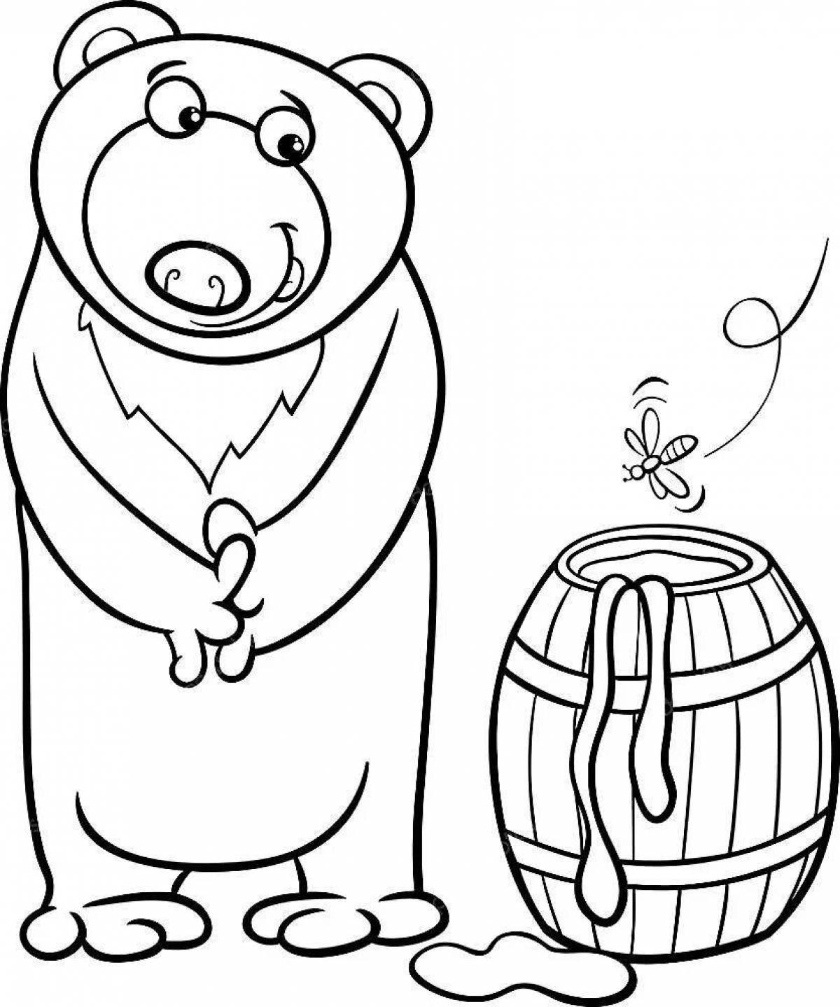Coloring book funny bear with honey