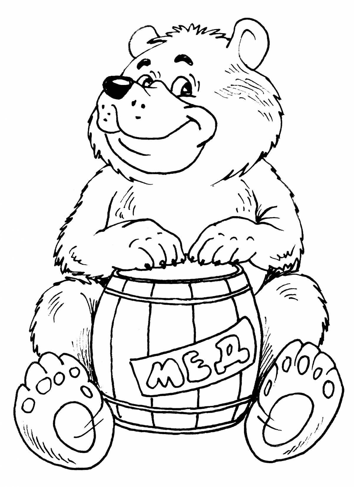 Coloring book mischievous bear with honey