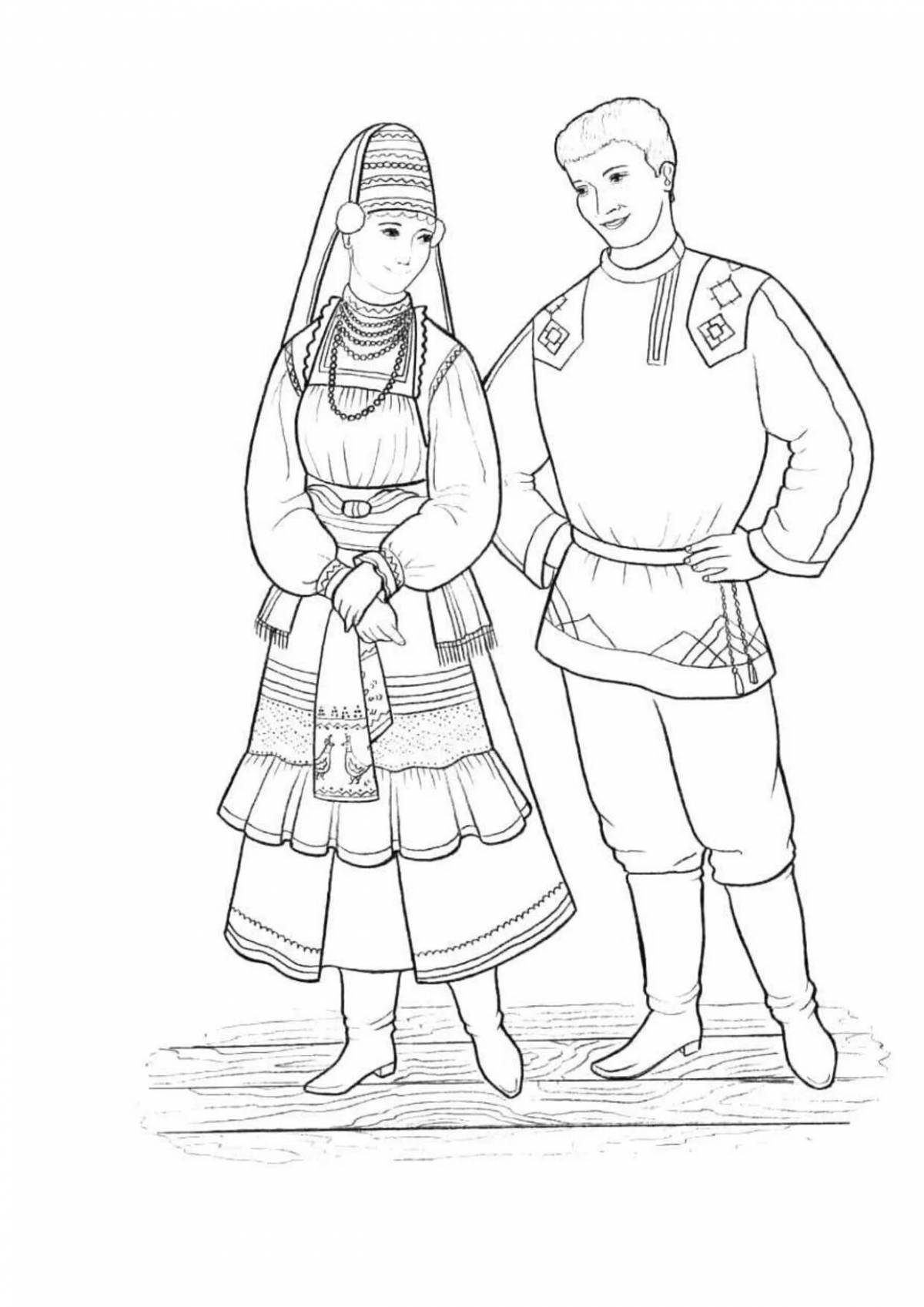 Coloring page elegant Russian folk costume