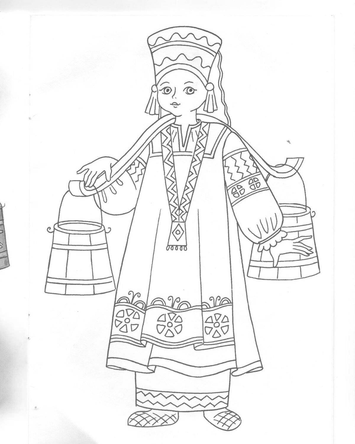 Coloring page luxurious Russian folk costume