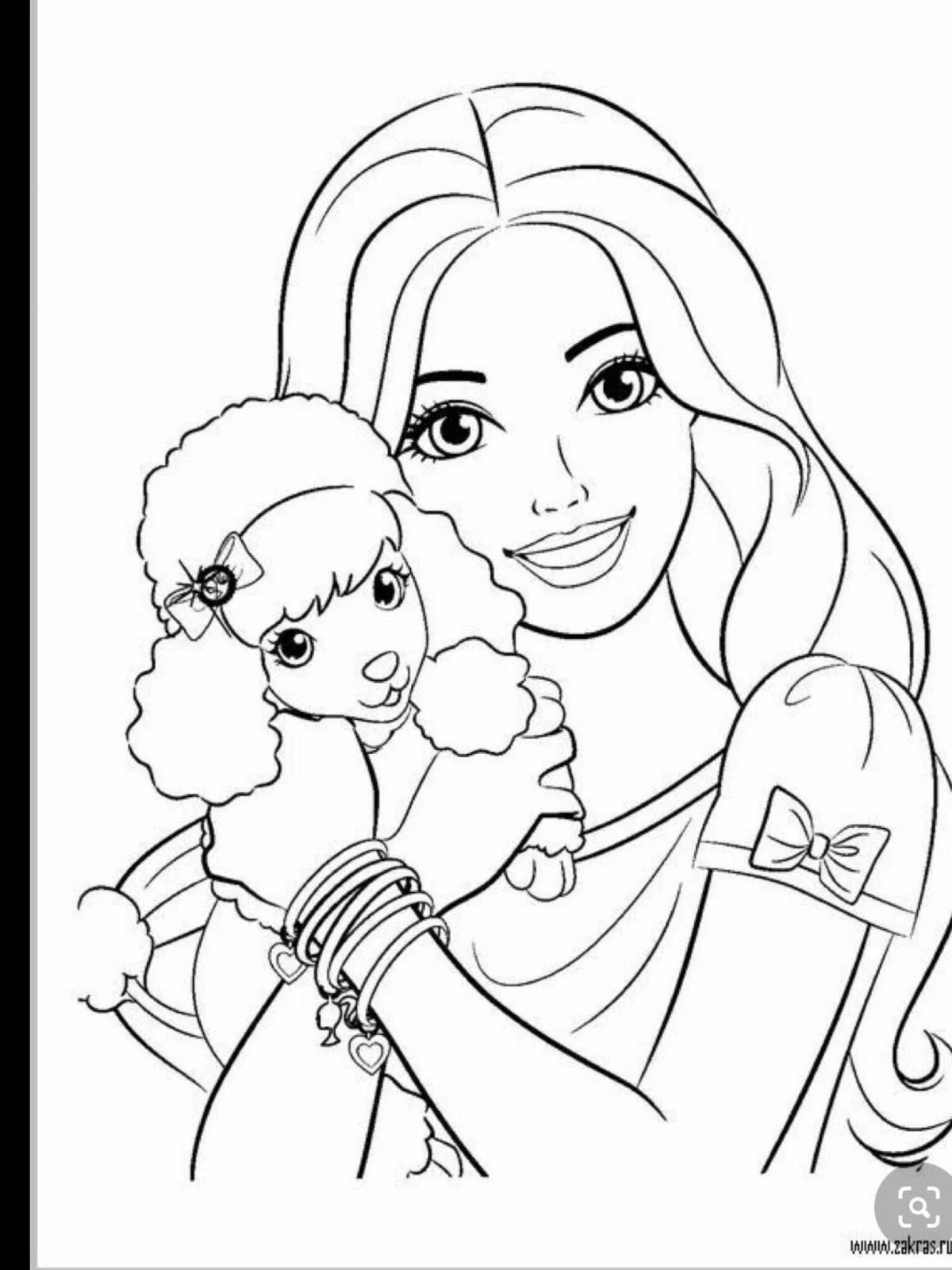 Coloring book joyful barbie with animals