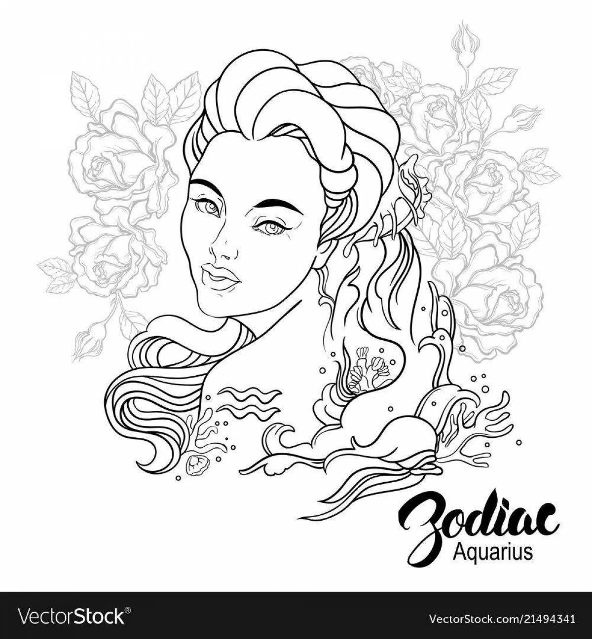 Glorious coloring book Aquarius zodiac sign