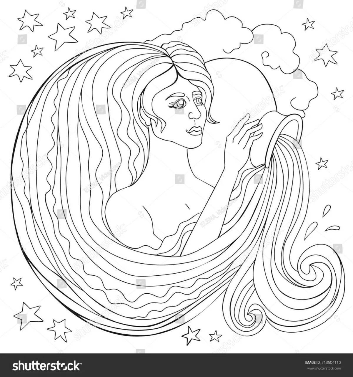 Elegant coloring book Aquarius zodiac sign
