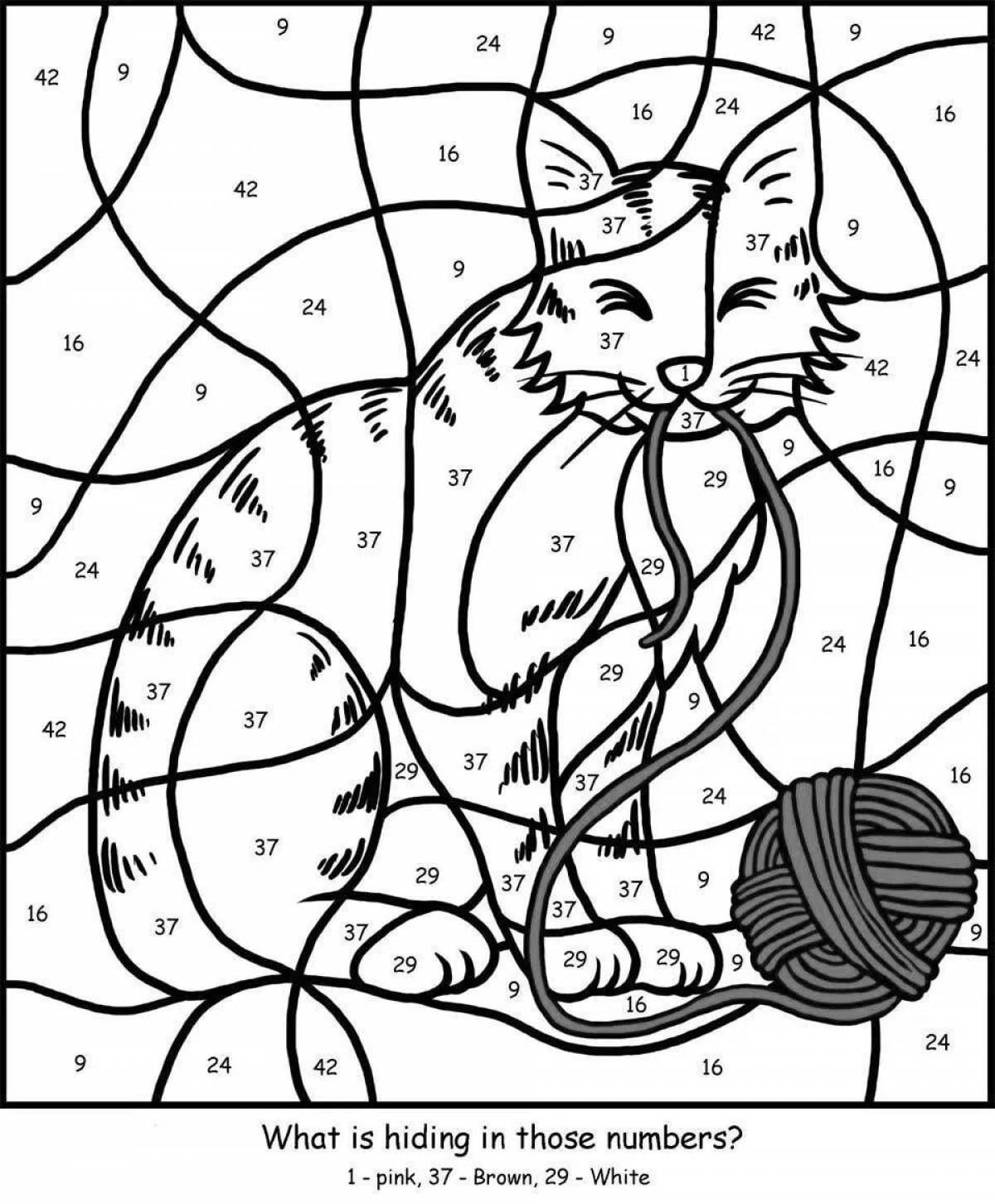 Cat coloring pages, washed with paints, by numbers