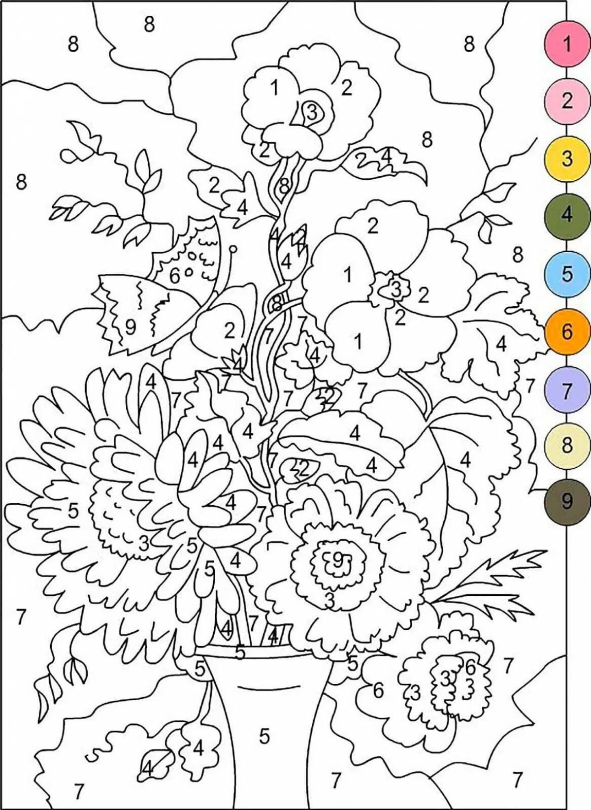Exciting flower by number coloring book