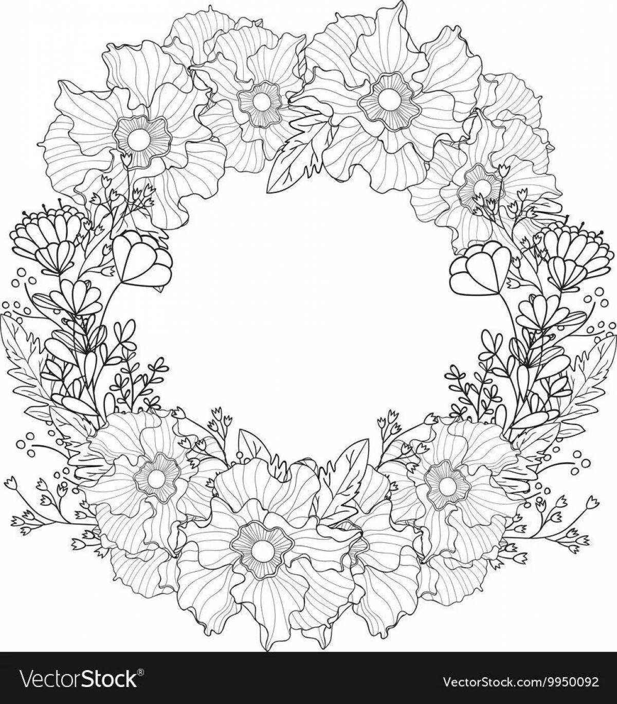 Coloring book bright wreath of flowers