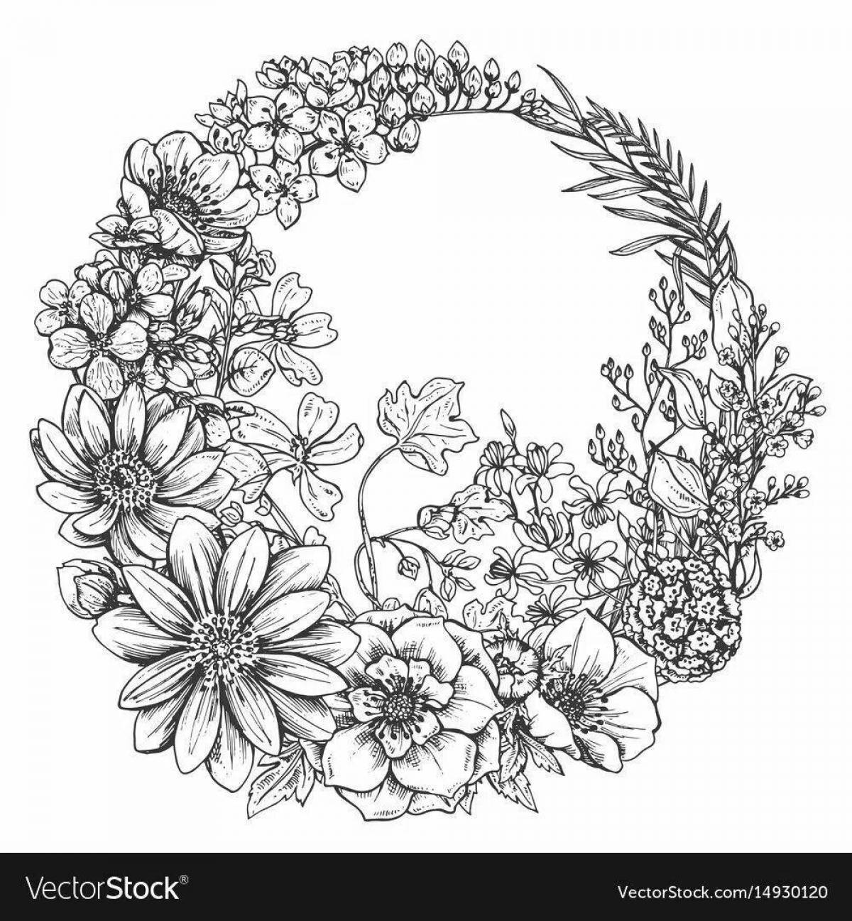Coloring page joyful wreath of flowers