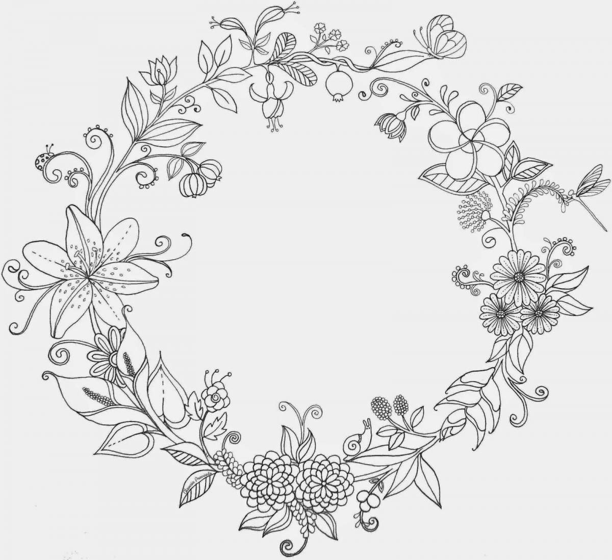 Coloring book shining wreath of flowers