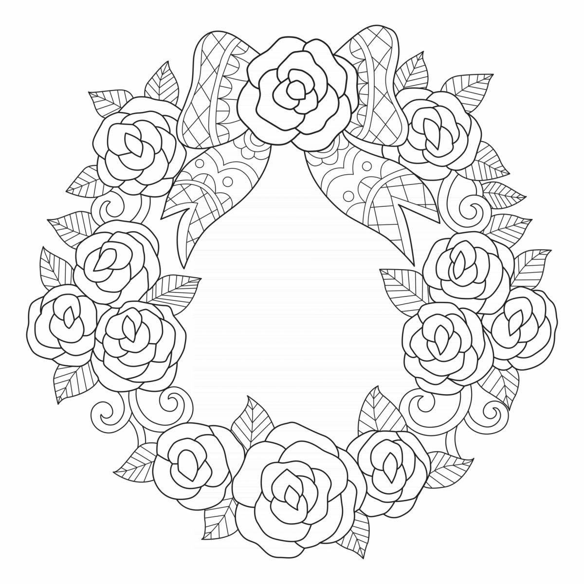 Coloring page inviting wreath of flowers