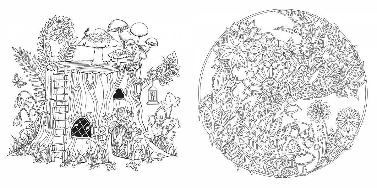 Beautiful coloring book antistress mysterious forest