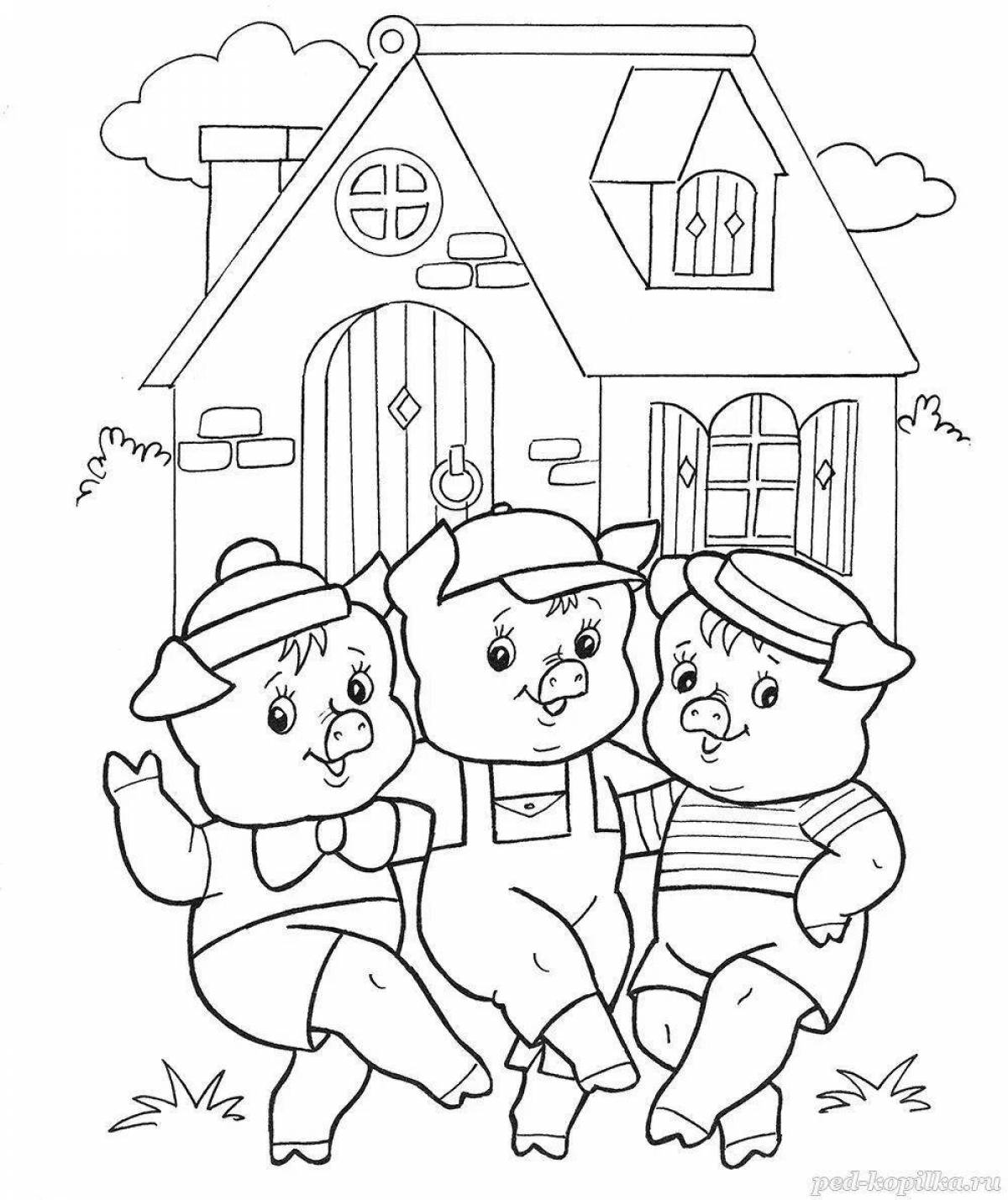 Playful three little pigs with houses