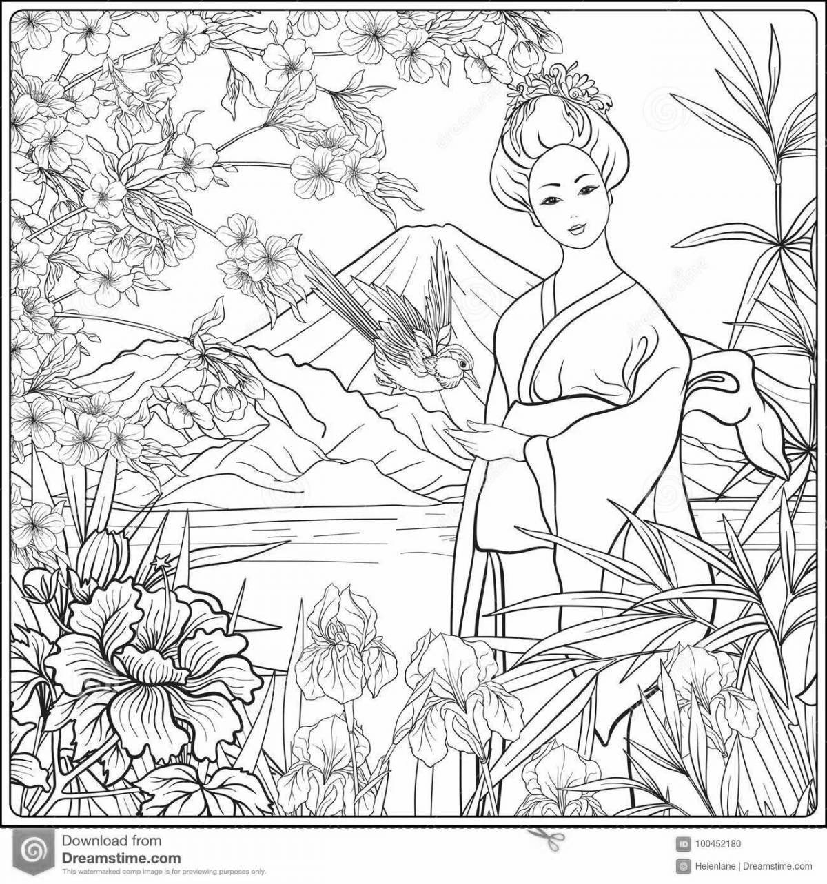 Великолепный японский пейзаж раскраски