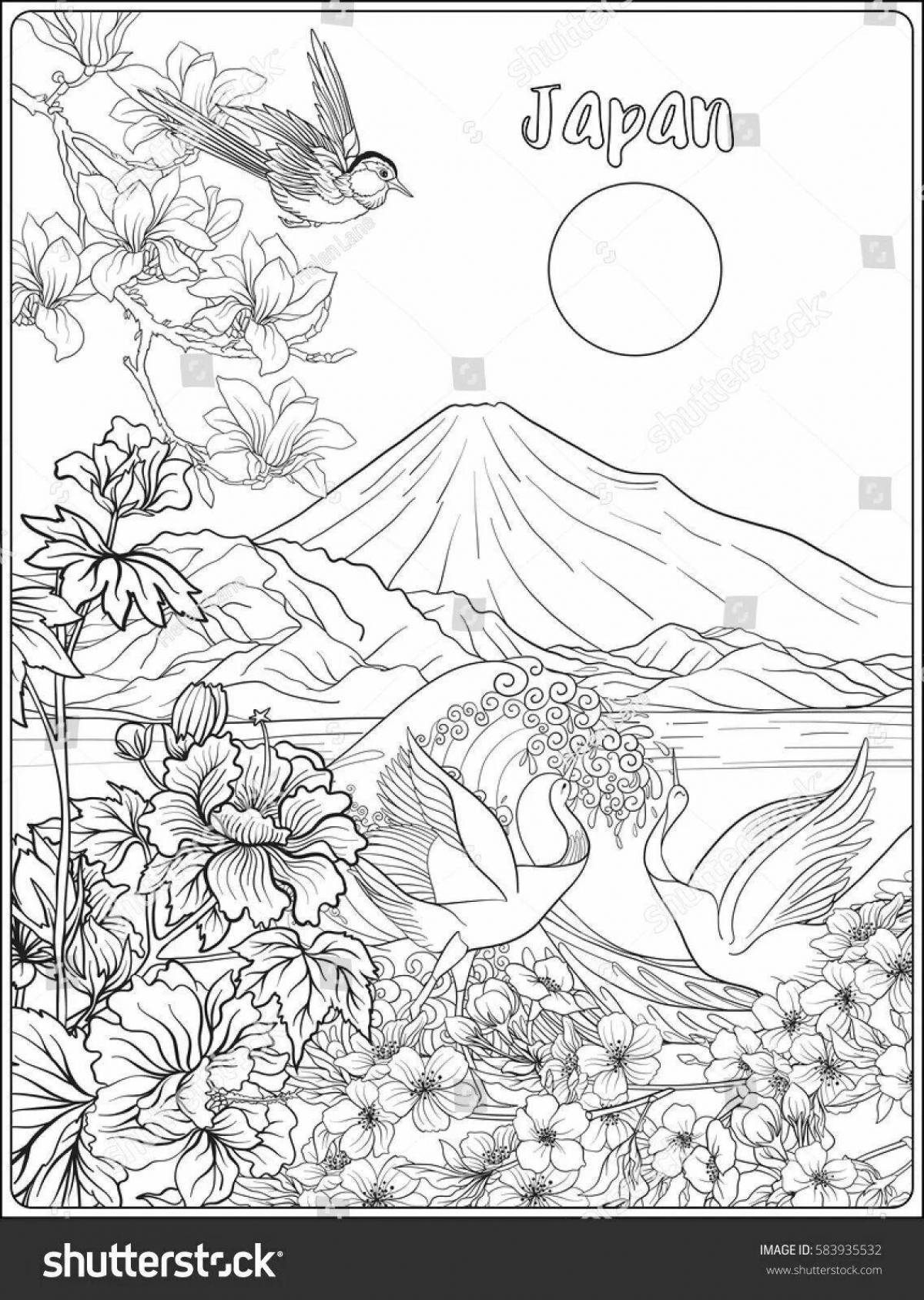 Vibrant coloring page of the Japanese landscape