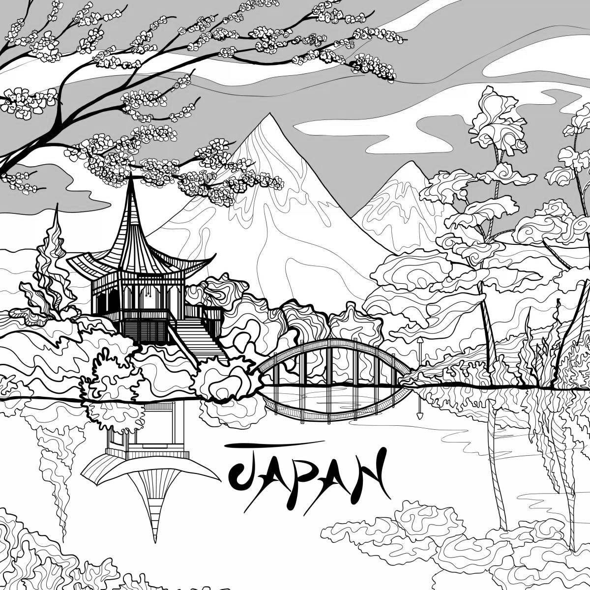 Coloring book idyllic japanese landscape