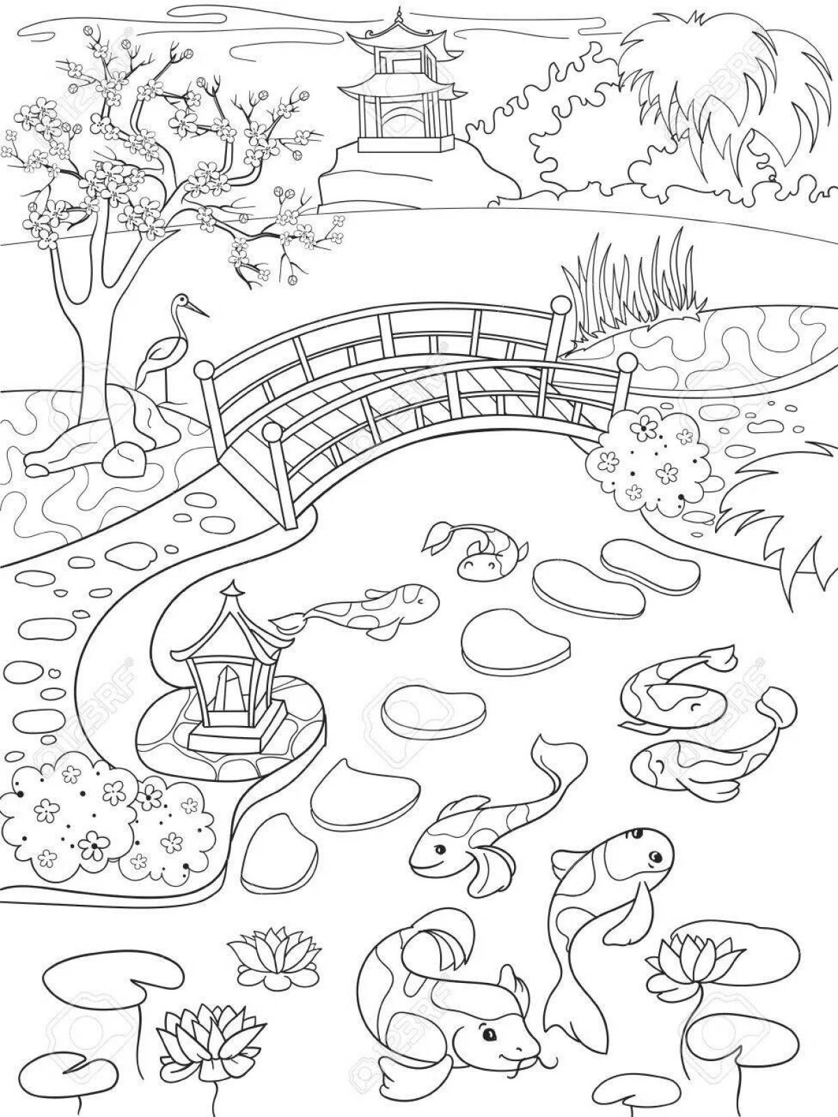 Calm Japanese landscape coloring page