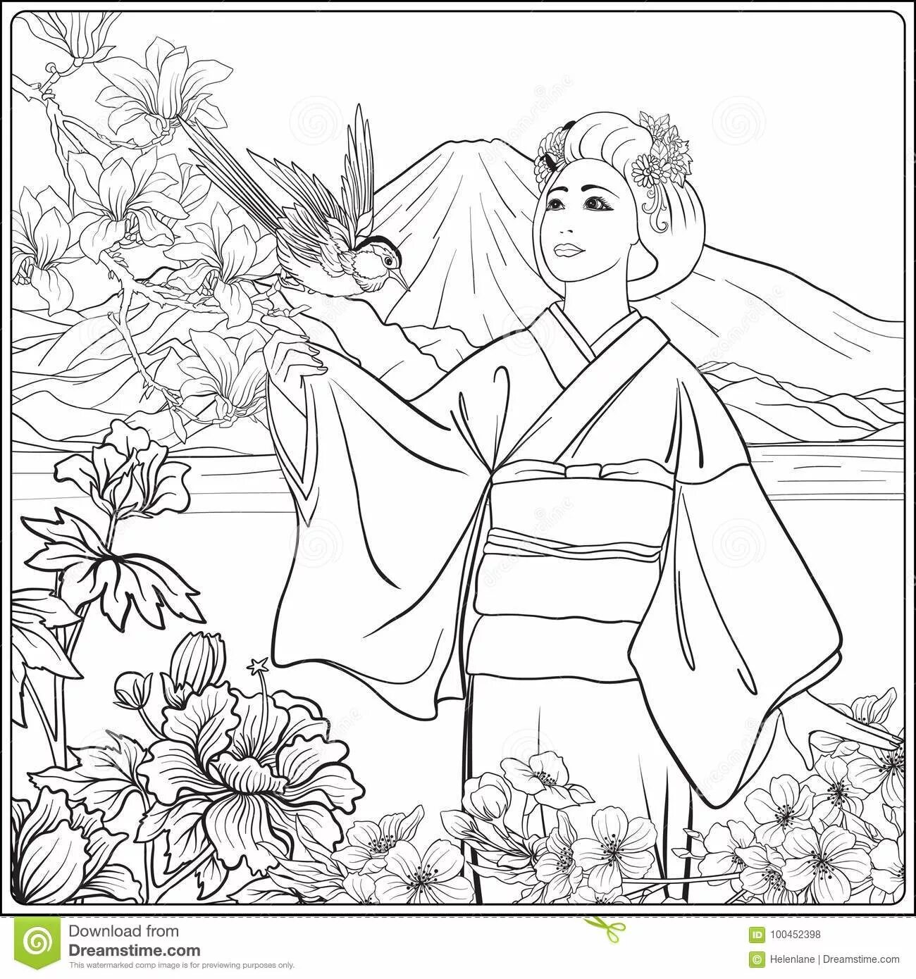 Раскраска очаровательный японский пейзаж