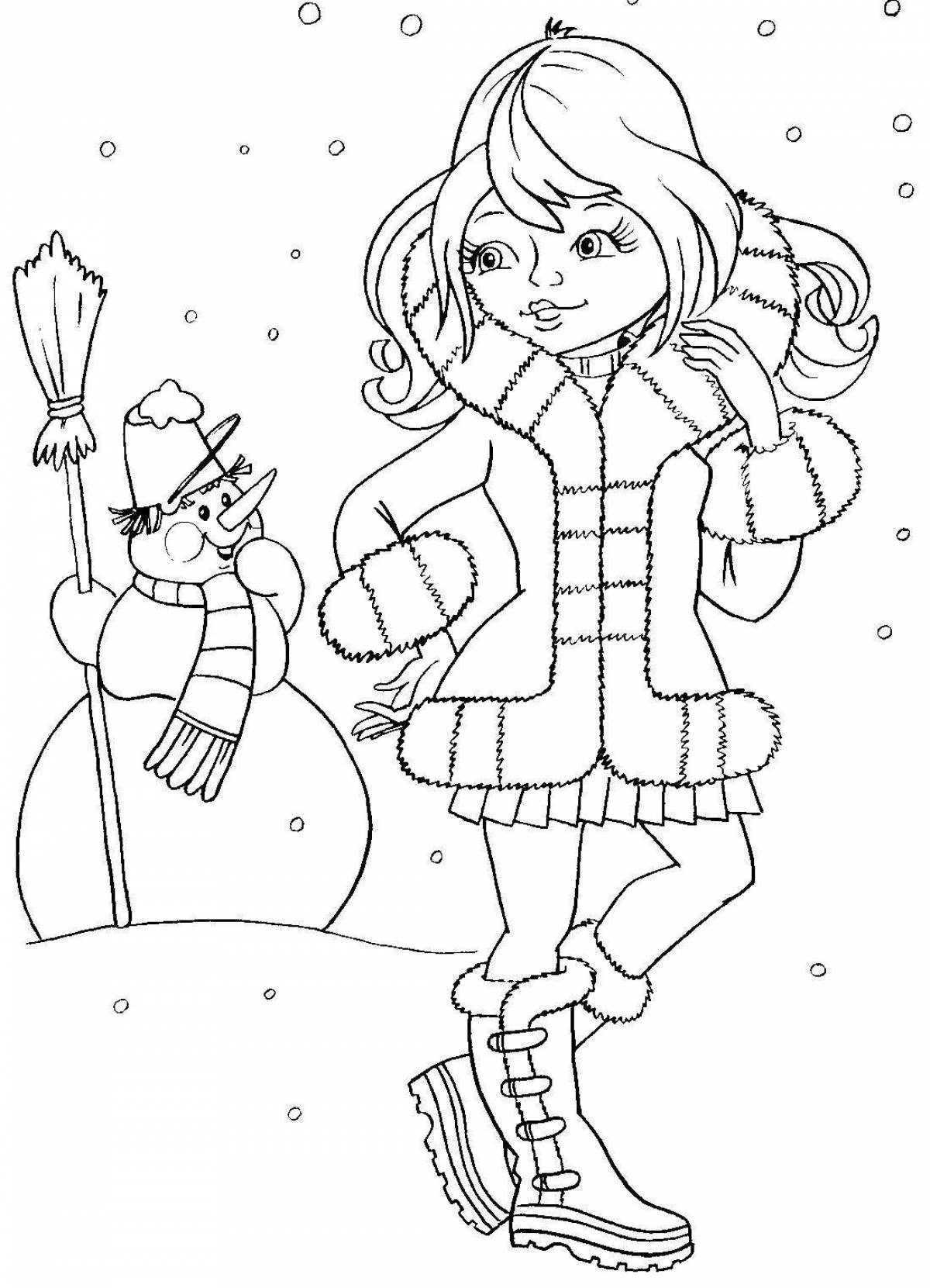 Веселая раскраска девушка в зимней одежде