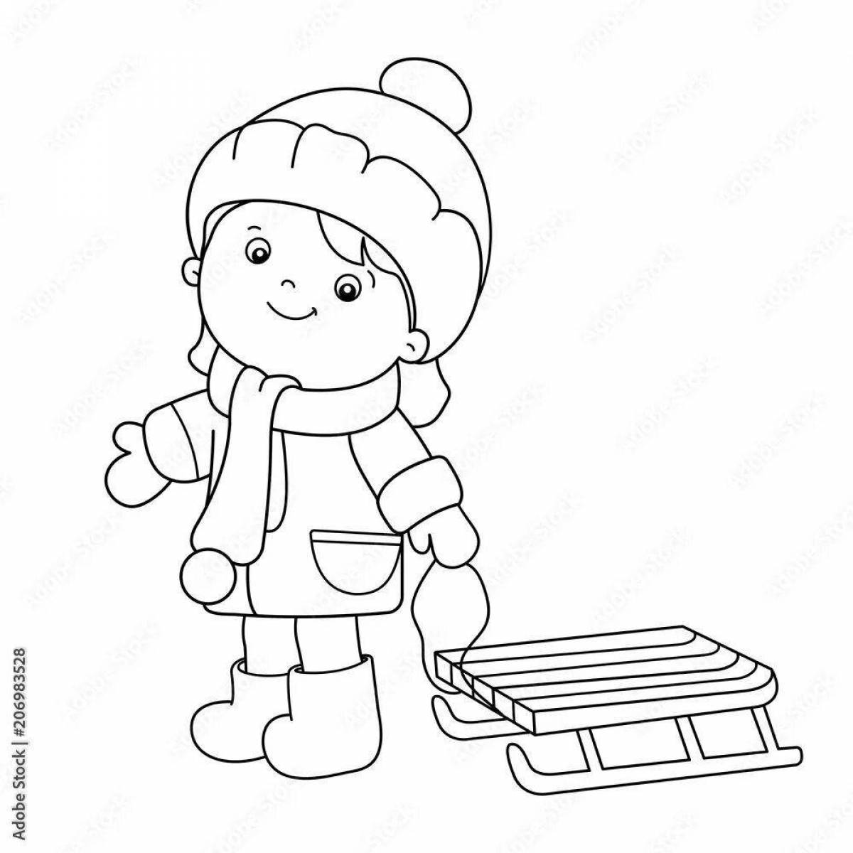 Joyful coloring girl in winter clothes