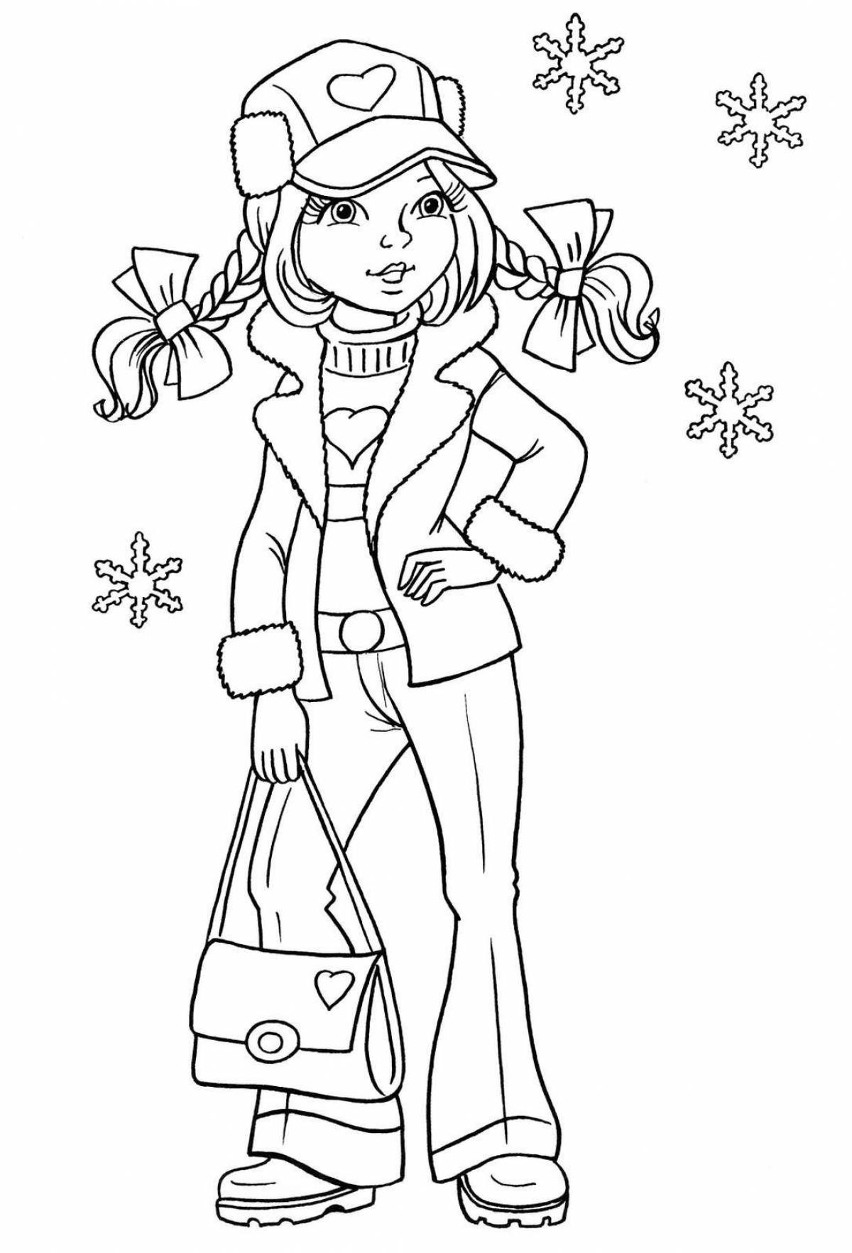 Игривая раскраска девушка в зимней одежде