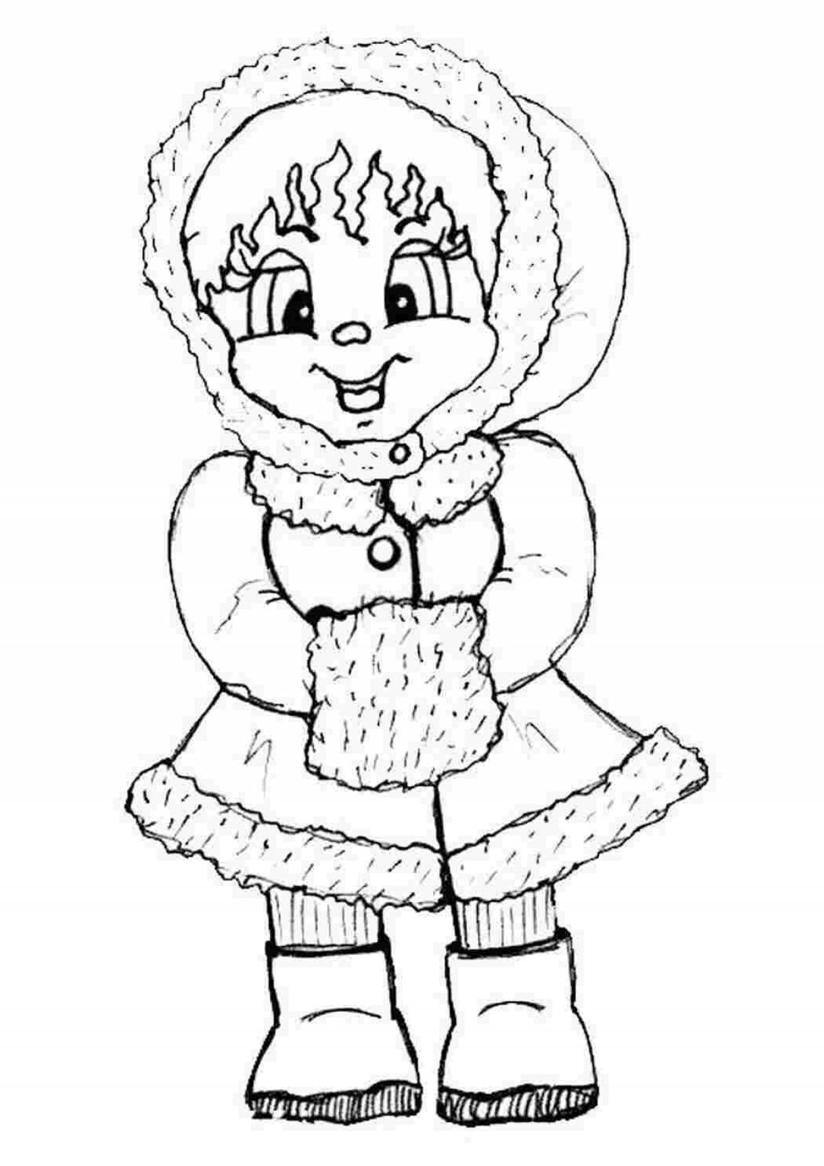 Улыбающаяся девочка-раскраска в зимней одежде