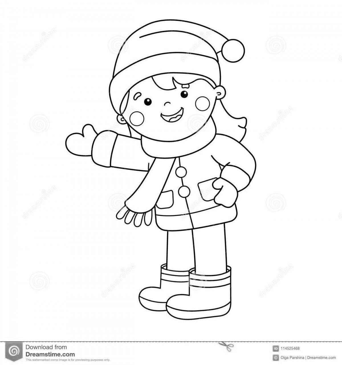 Delightful coloring book of a girl in winter clothes