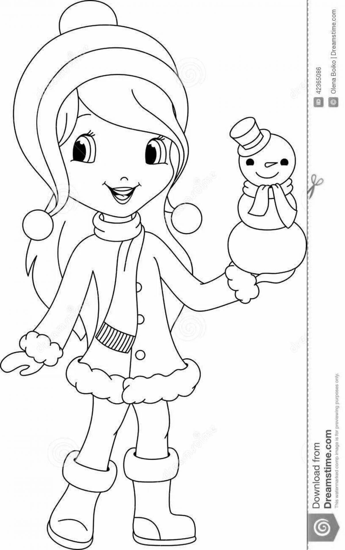 Charming coloring book girl in winter clothes