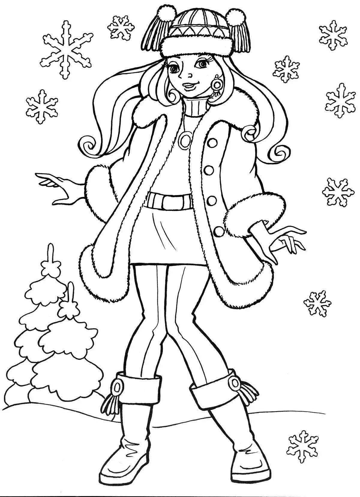 Beautiful coloring book girl in winter clothes