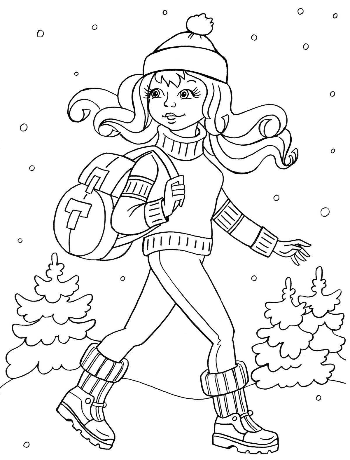 Забавная раскраска девушка в зимней одежде