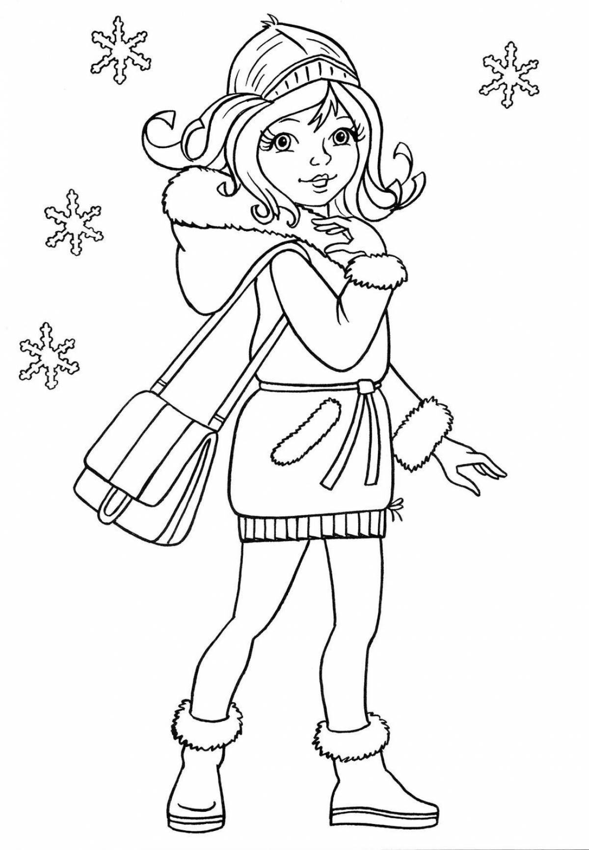 Live coloring girl in winter clothes