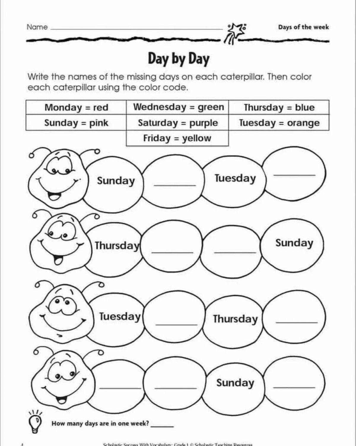 Развлекательная раскраска дни недели на английском языке