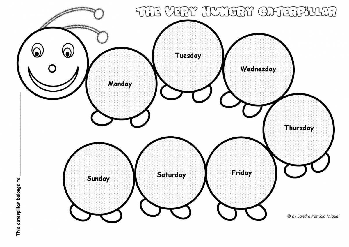 Colourful day of the week coloring book in english