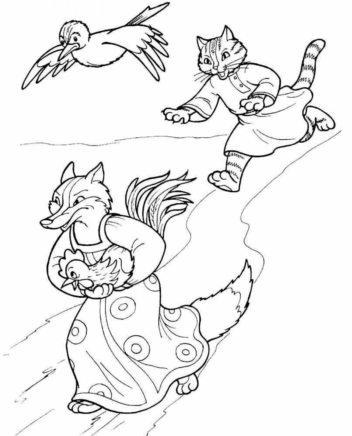 Coloring page playful cat rooster and fox