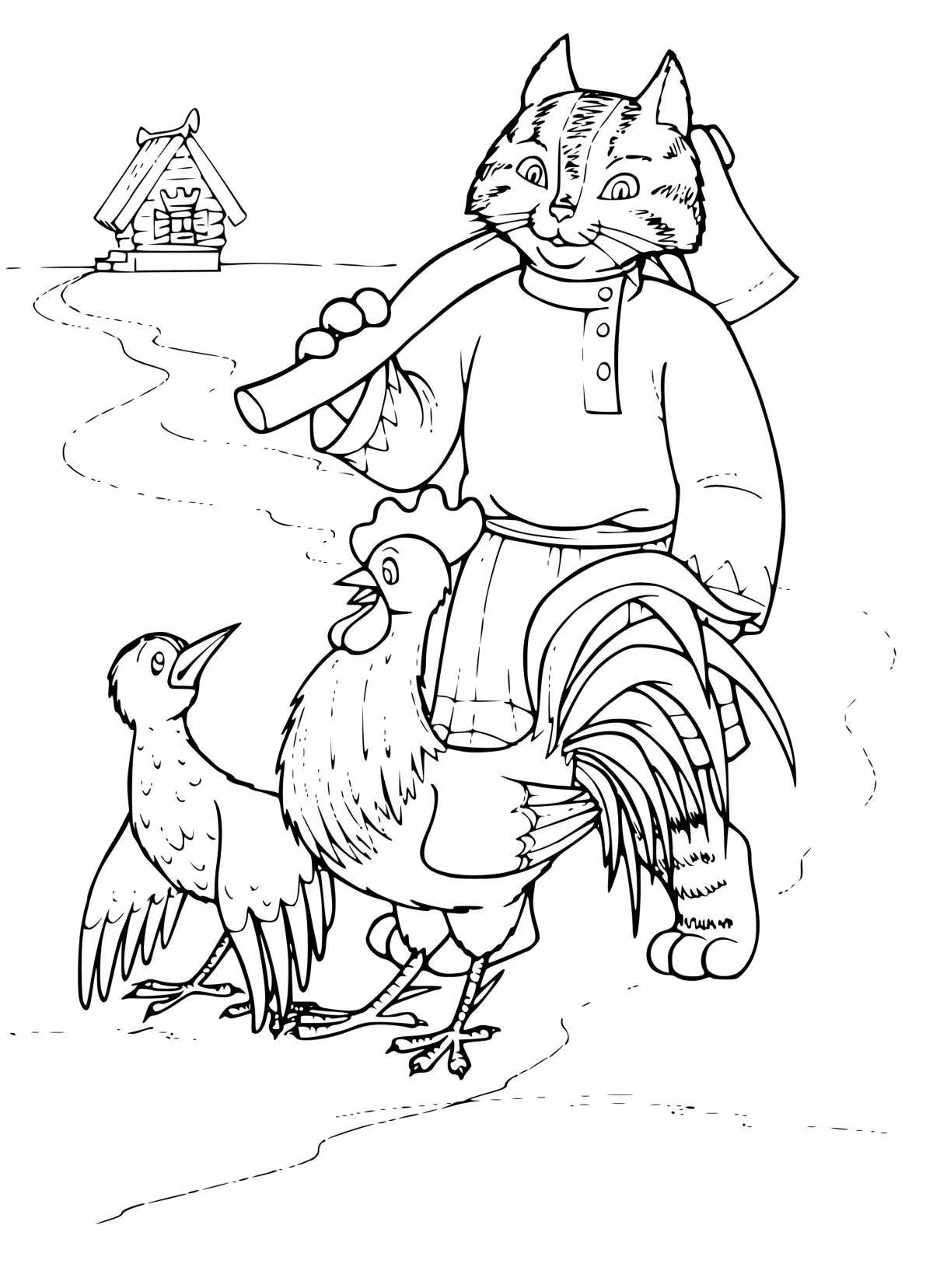 Coloring page gorgeous cat rooster and fox