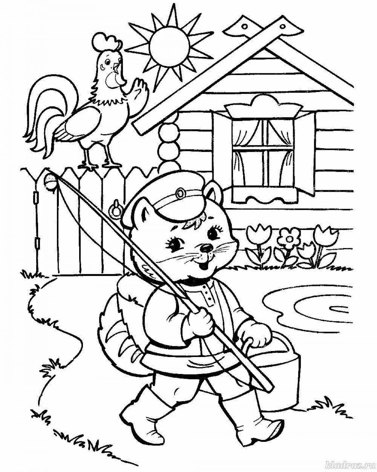 Coloring book fabulous cat rooster and fox