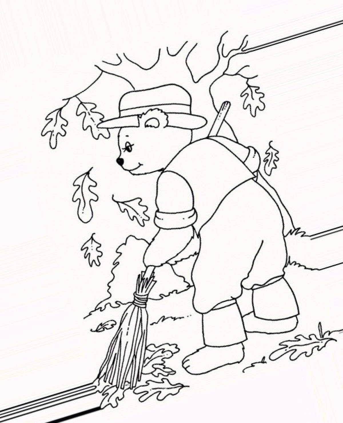Фото Медвежонок подметает листья
