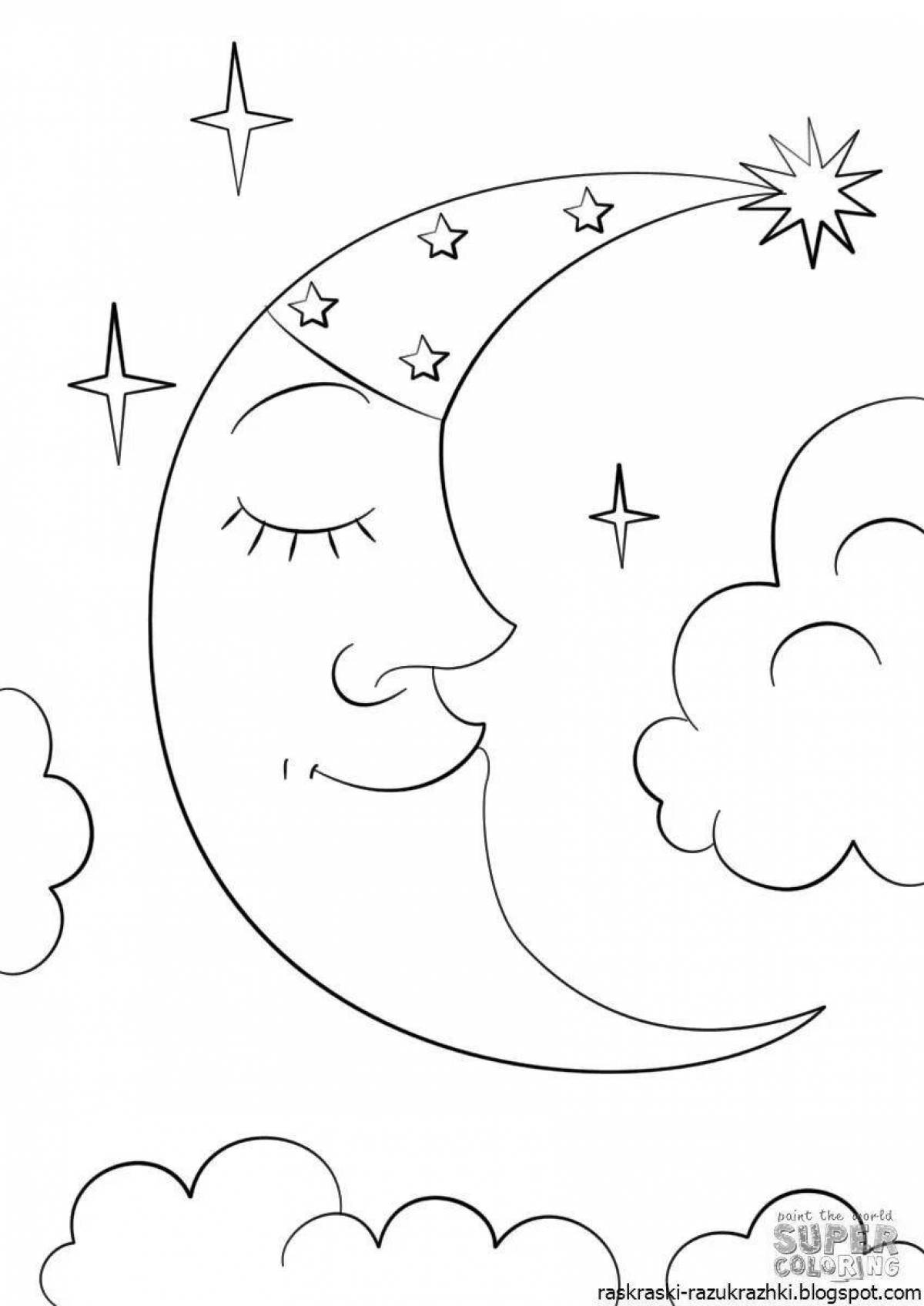 Glowing crescent moon coloring page