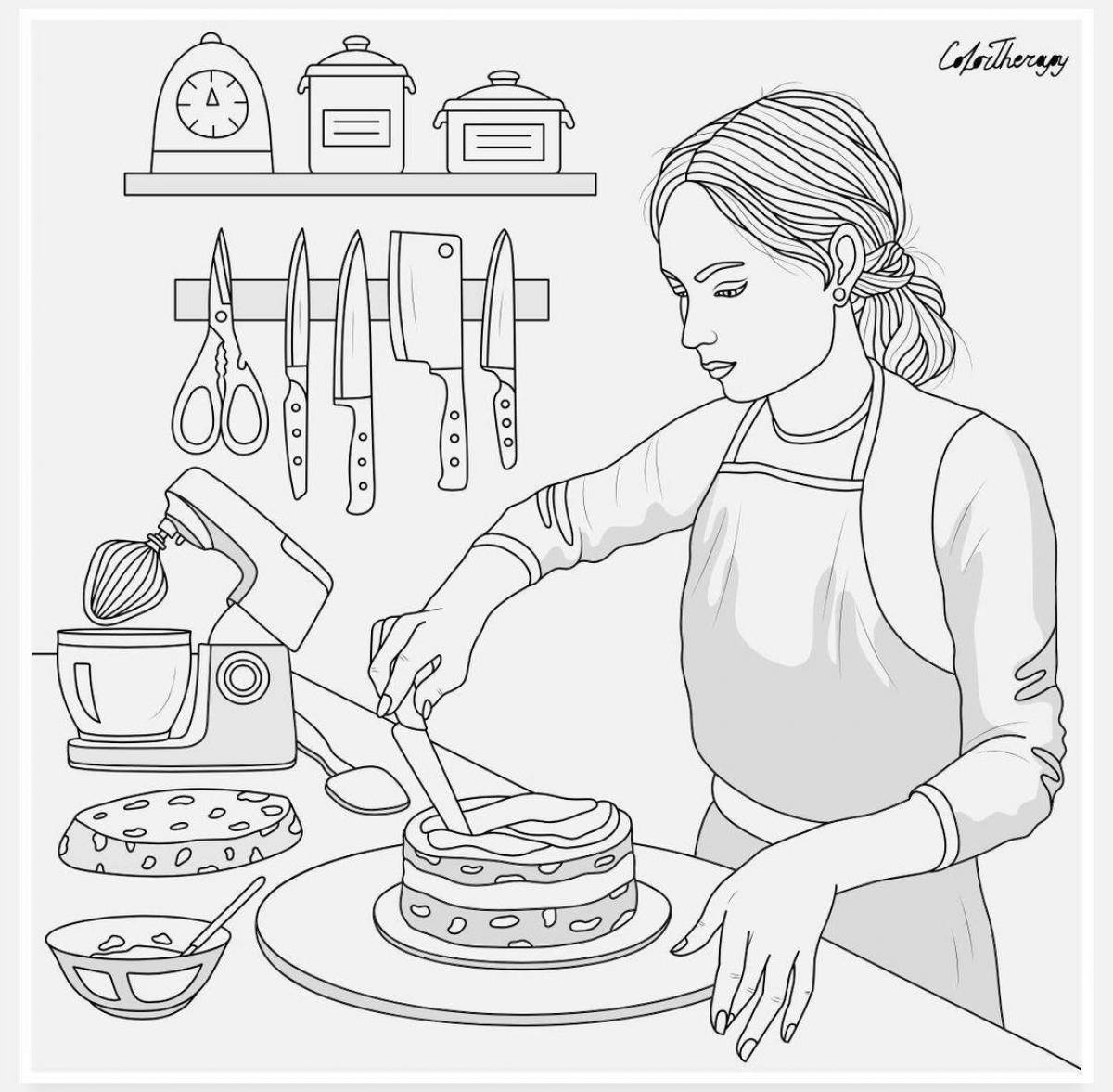 Coloring page cheerful housewife