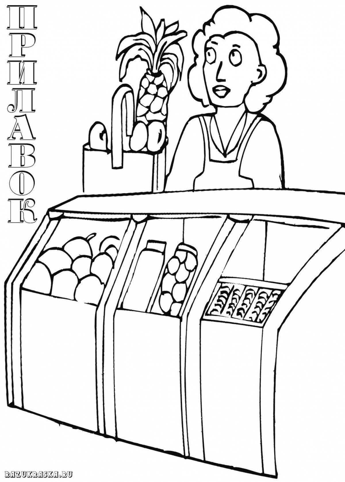 Coloring page of colorful food shop