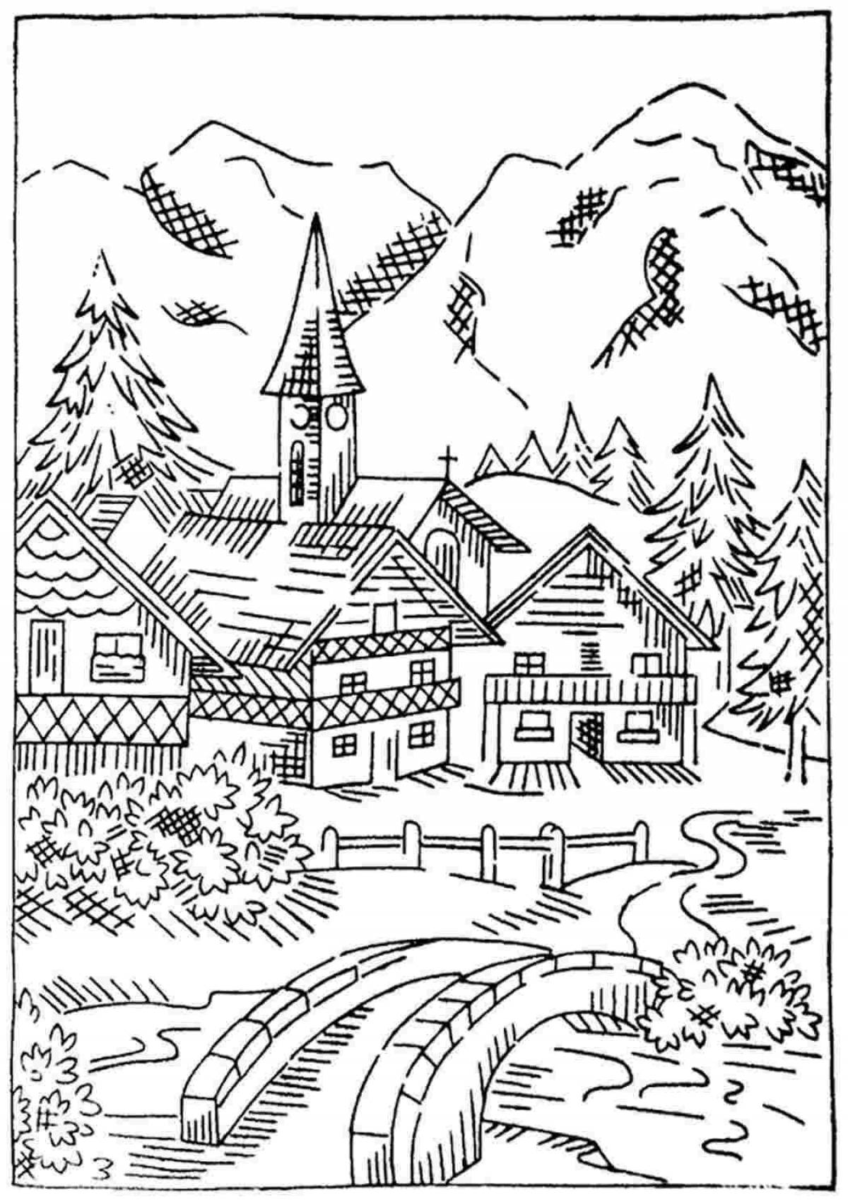 Coloring page charming village